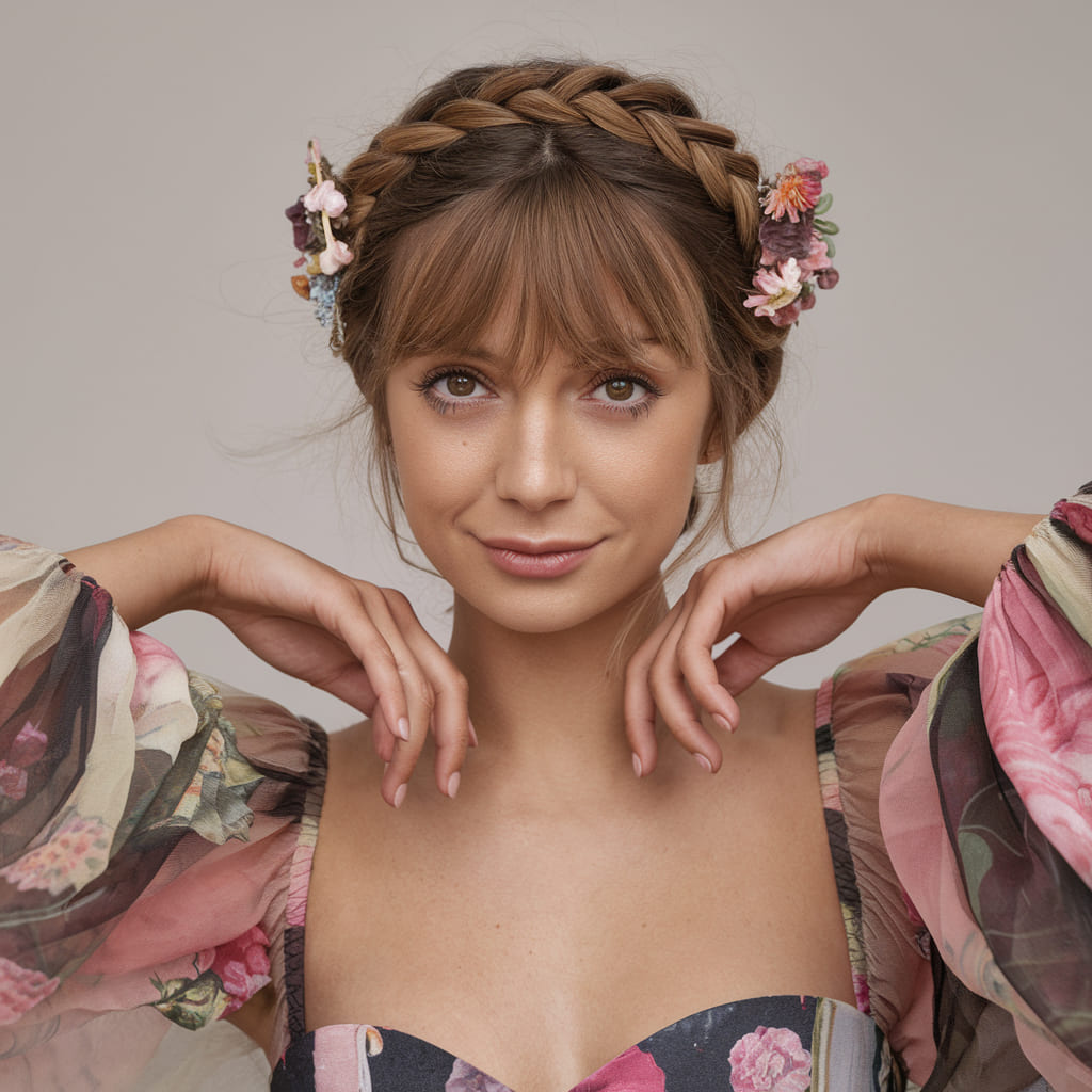 Braided Crown with Floral Hair Clips and Wispy Bangs