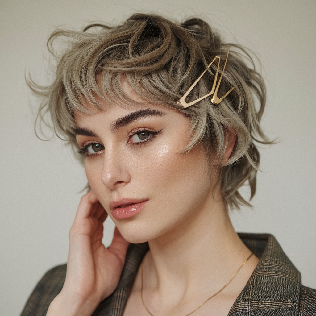 Curly Layers Accented by Gold Hairpins