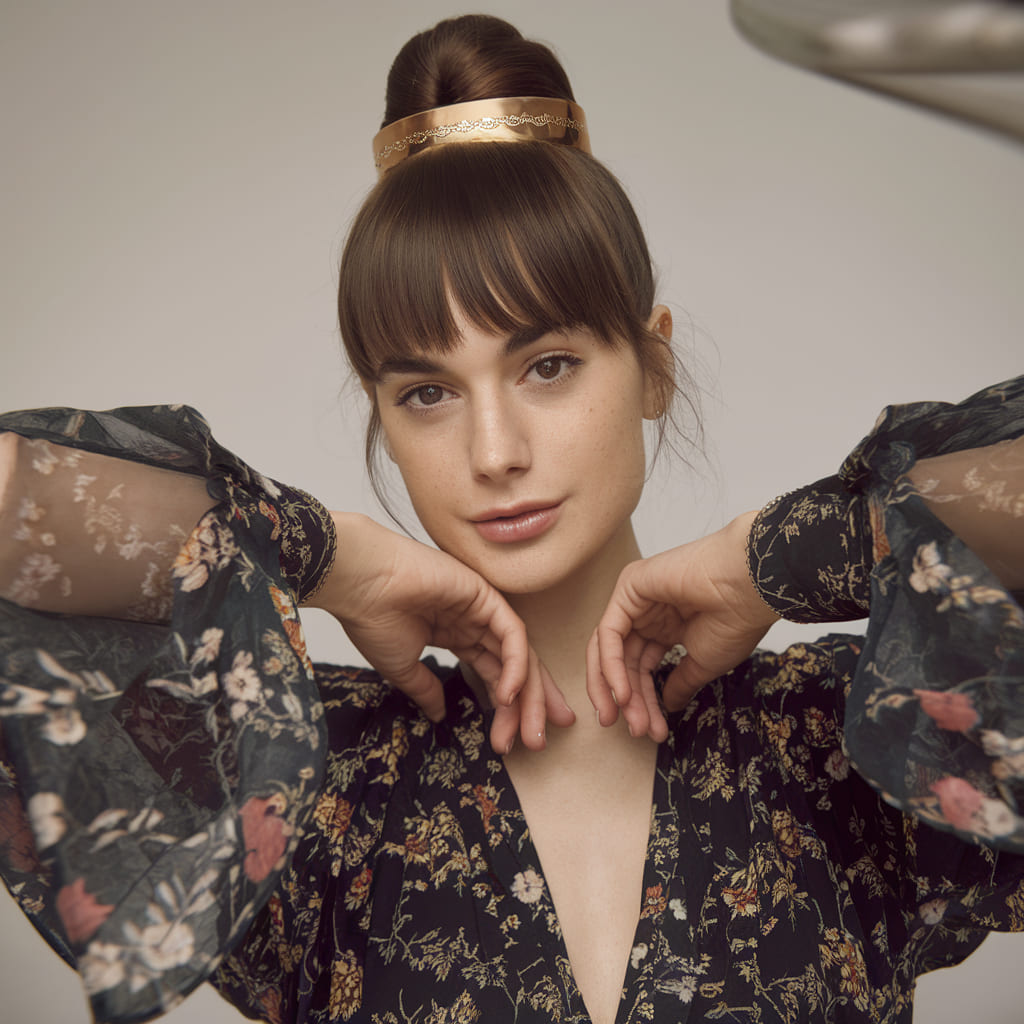 High Bun and Feathered Fringe with Gold Cuff