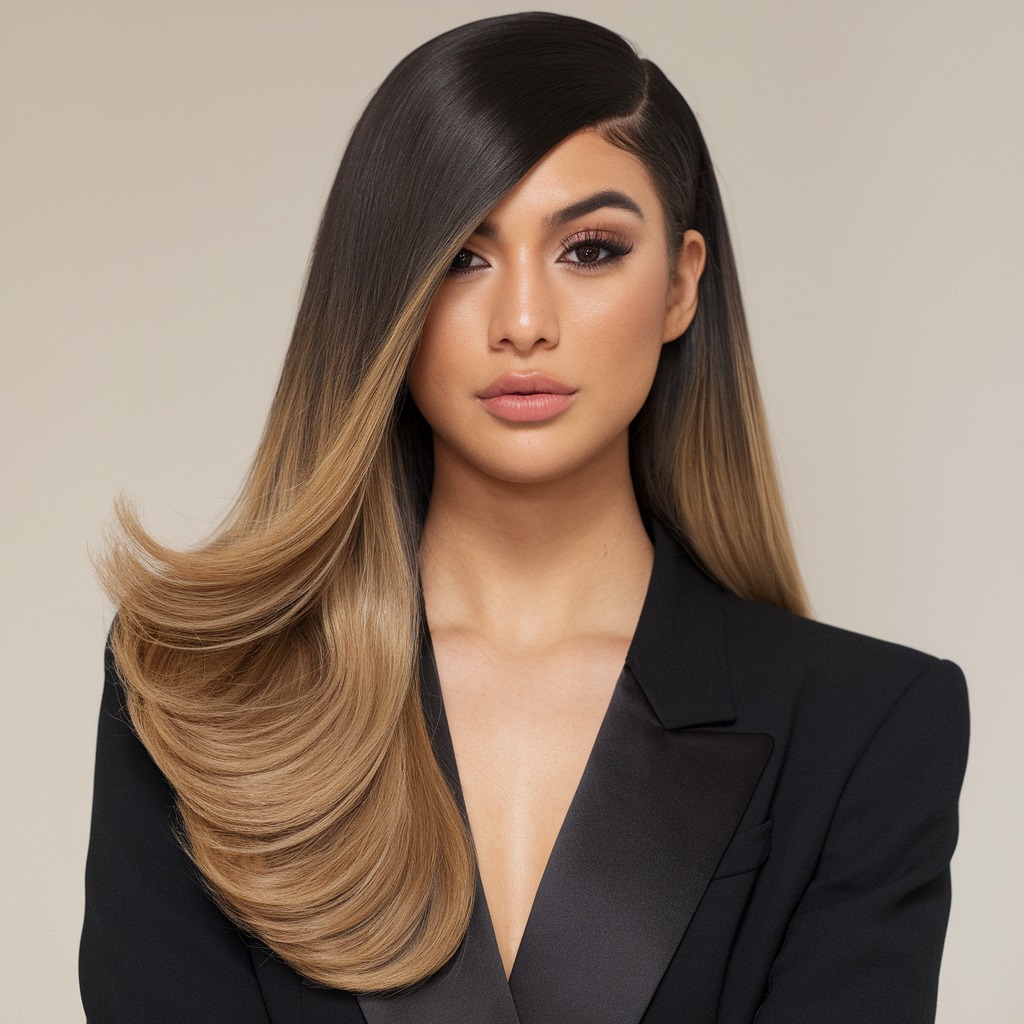 Long Straight Hair with Ombre and Side Part