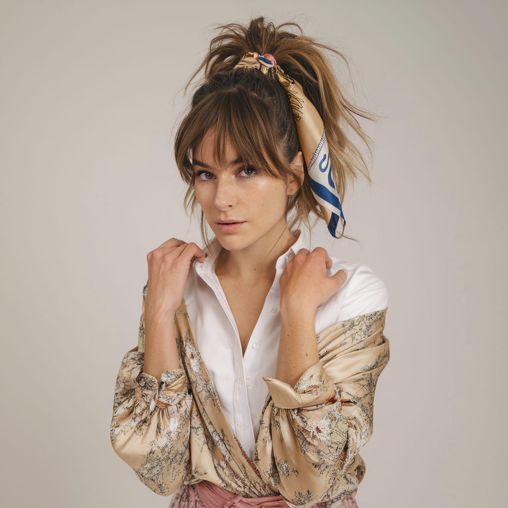 Messy High Ponytail with a Silk Scarf Wrap