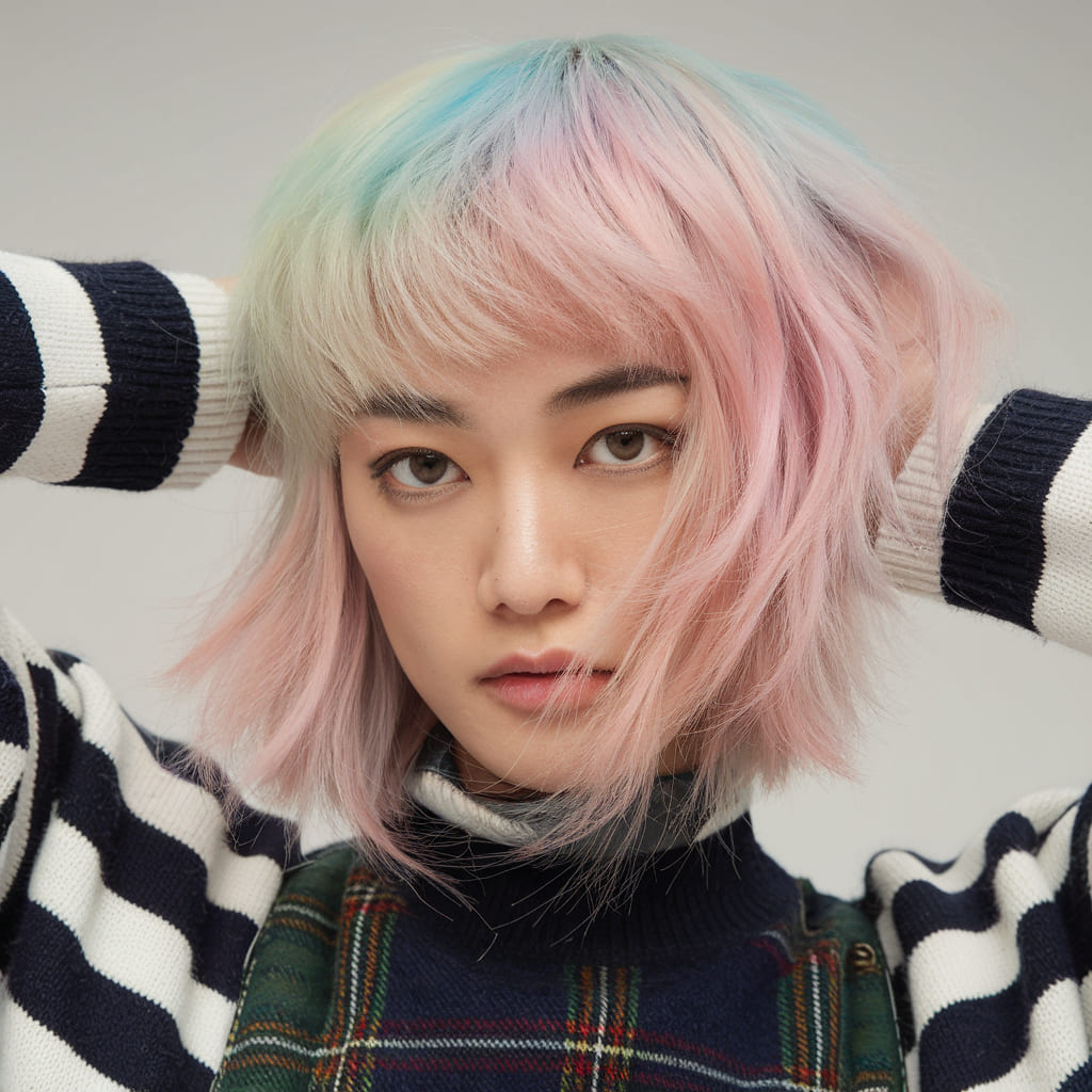 Pastel Rainbow Balayage Wolf Cut