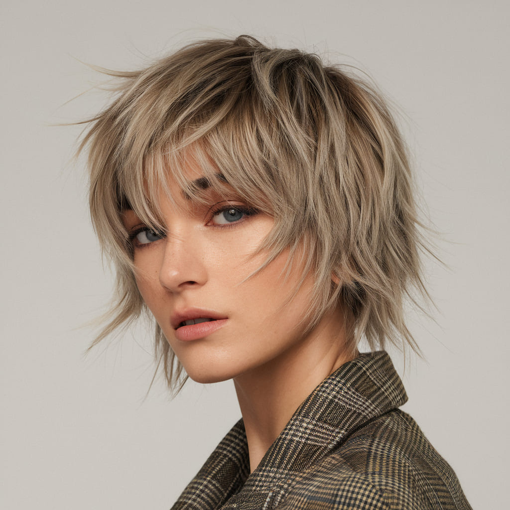 Shaggy Short Layers with Soft Feathered Bangs