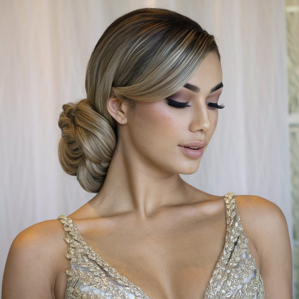 Sleek Low Prom Chignon with Side Part