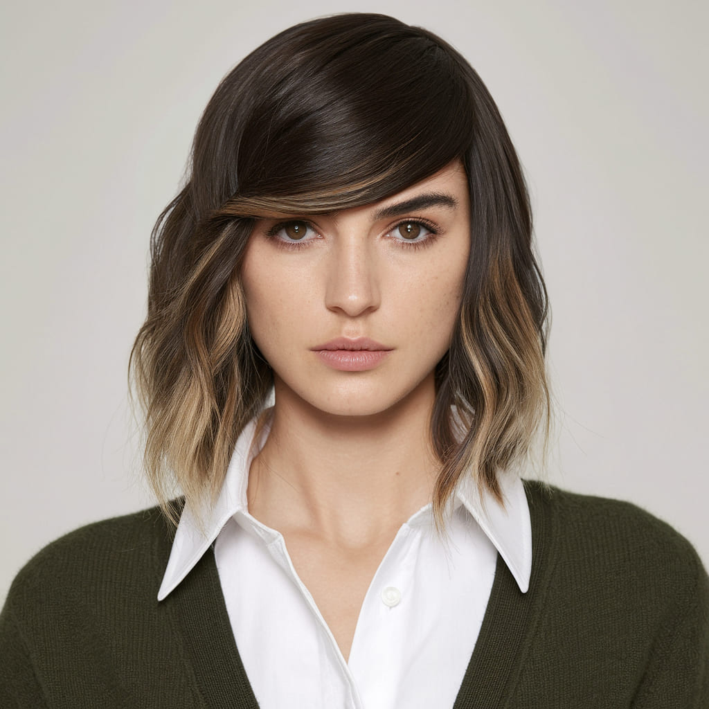 Sleek Shag with Deep Side Parted Bangs