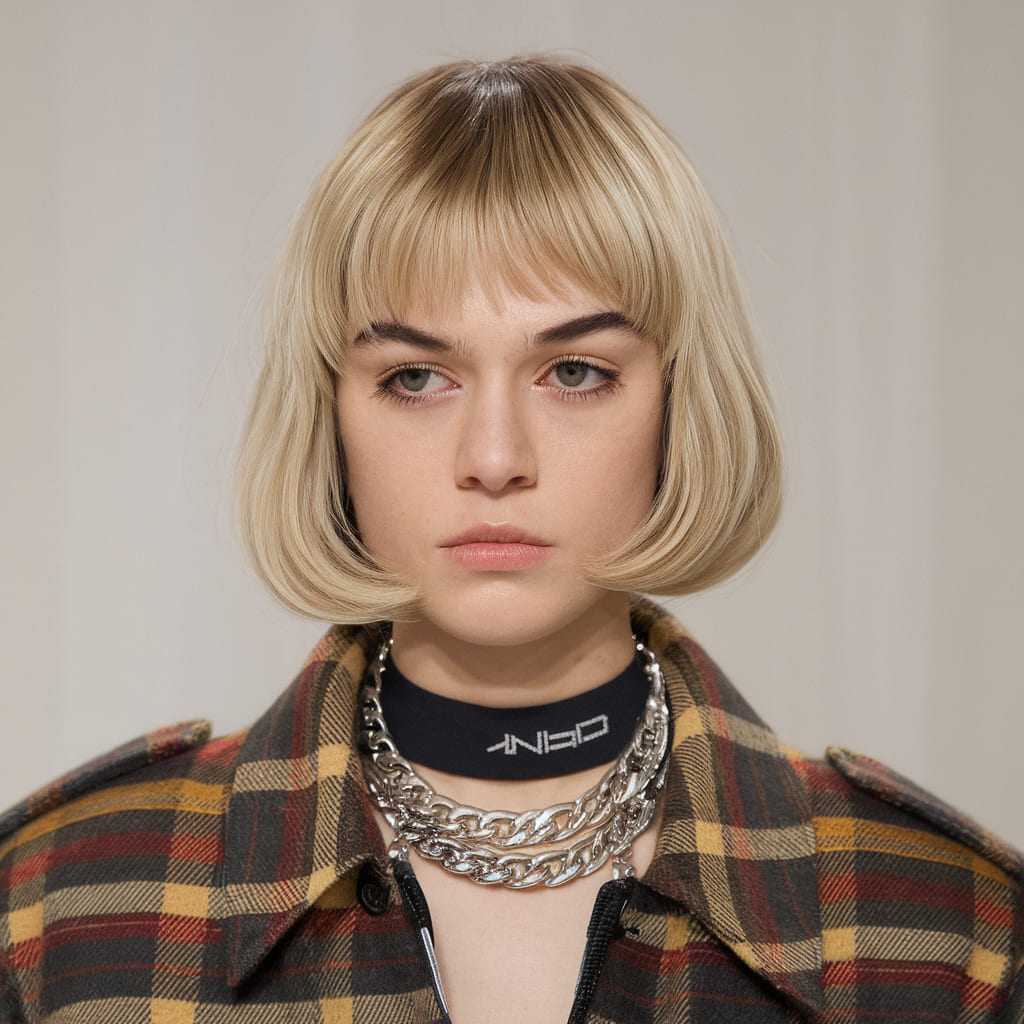 Sleek Short Shag with Graphic Blunt Bangs