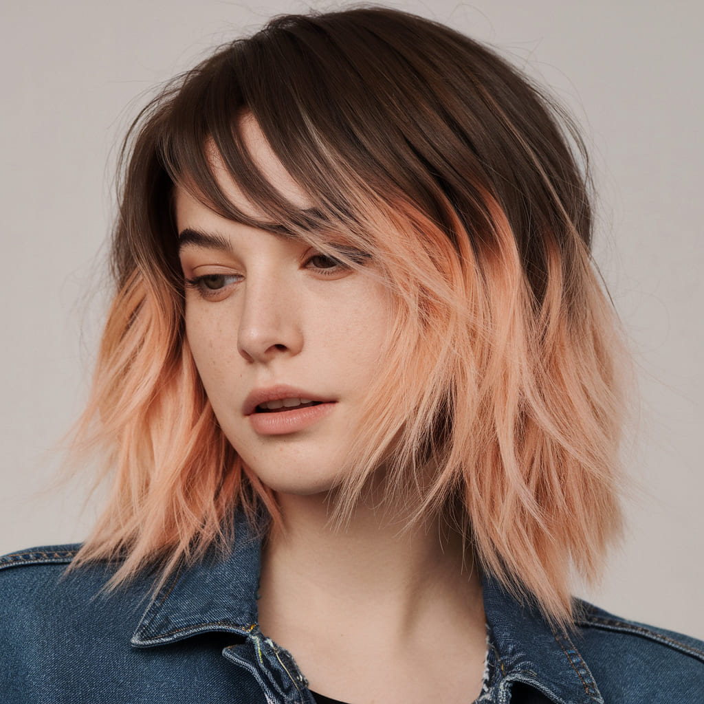 Soft Peach Balayage Dye Wolf Cut