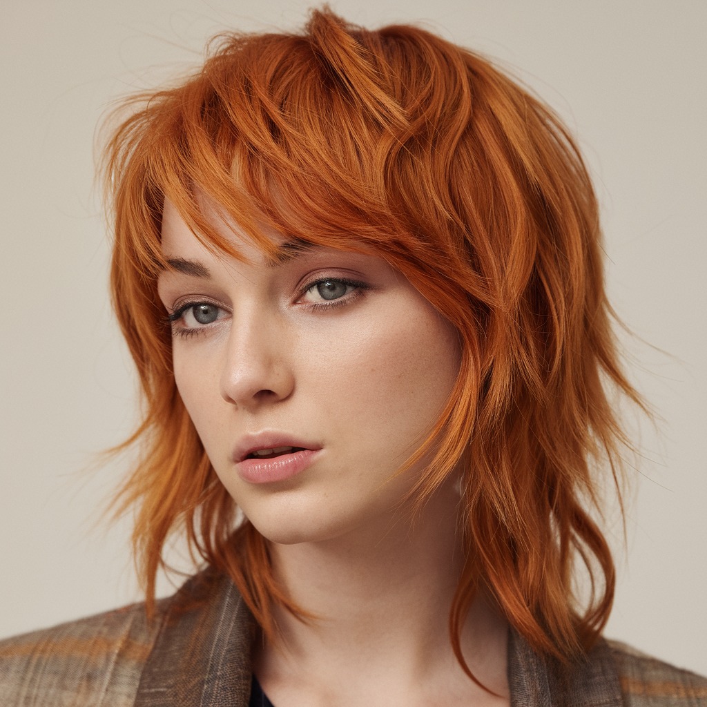 Tousled Ginger Wolf Cut with Face-Framing Layers