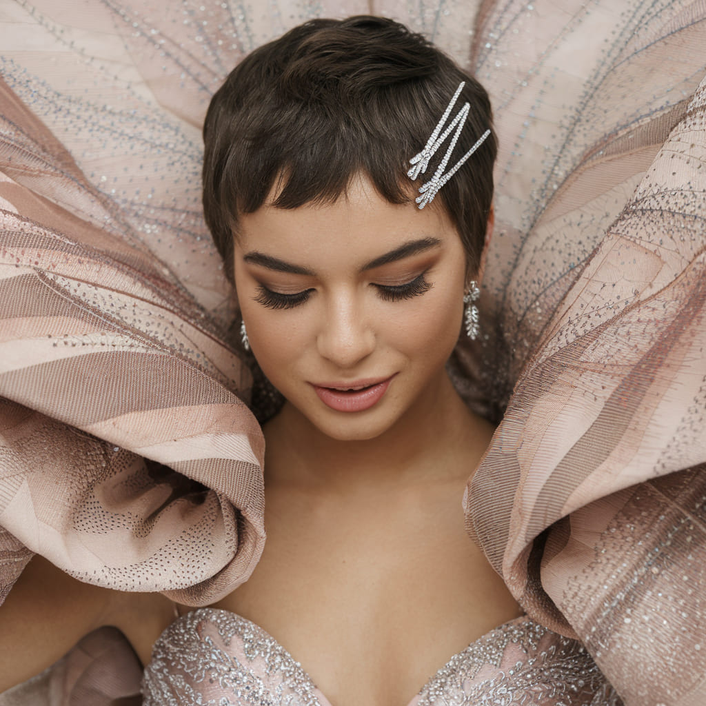 Tousled Pixie Hairstyle with Sparkly Hairpins