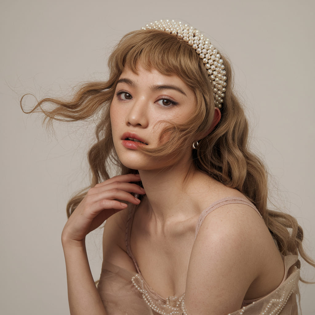 Tousled Waves and Wispy Fringe with a Pearl Headband