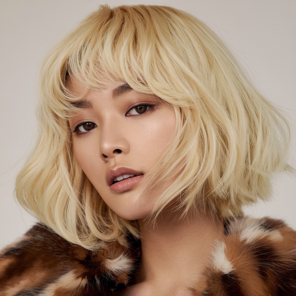 Cream Blonde Bob with Curtain Bangs