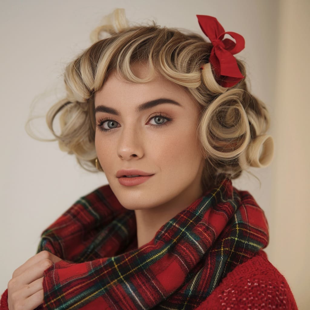 Curled Bob with Red Bow Accent