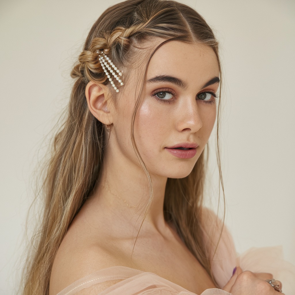 Twisted Half-Updo with Pearl Pins